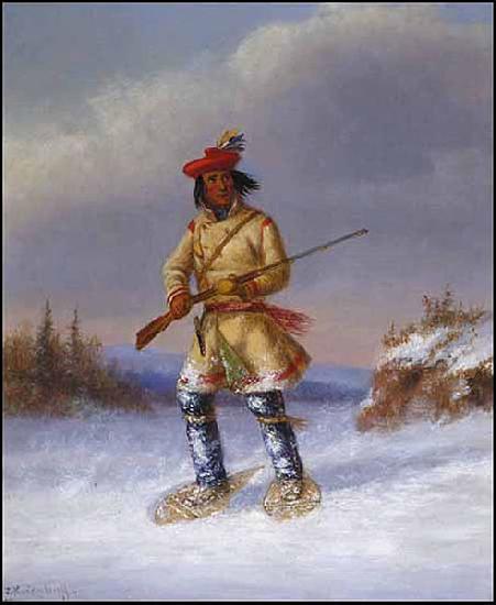 Cornelius Krieghoff Indian Trapper with Red Feathered Cap in Winter oil painting picture